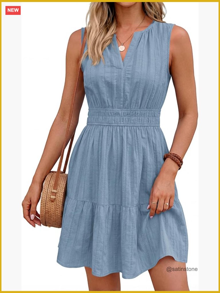 Sleeveless V Neck Mini Dress With Pockets A Line Casual Cotton Sundress